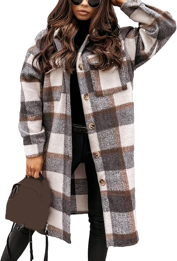 Esmeling Womens Plaid Shacket Brushed Flannel Shirt Jacket Mid Long Wool Blend Tartan Coat | Amazon (US)
