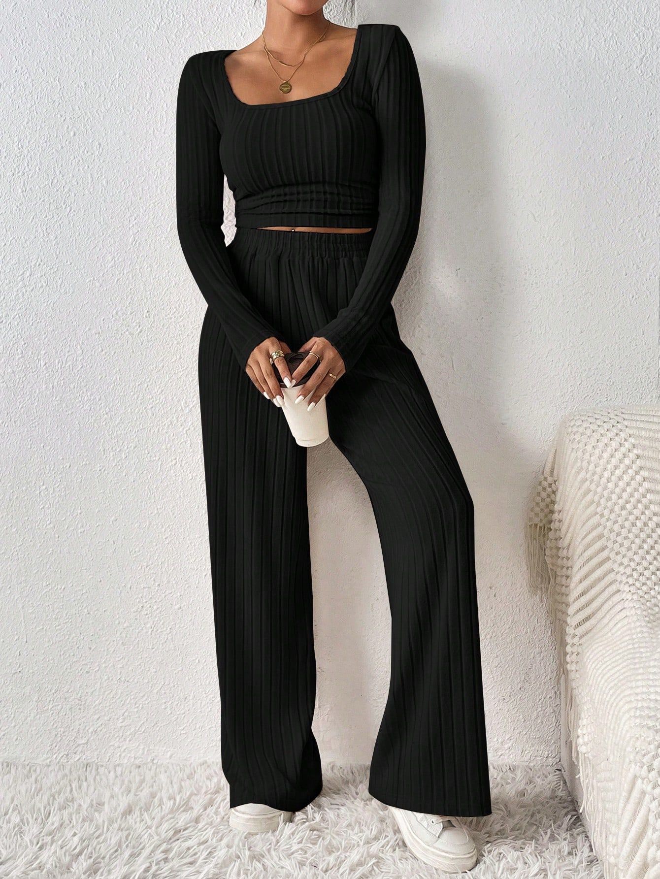 SHEIN Frenchy Women's Crop Top And Long Pants Striped Two Piece Set | SHEIN