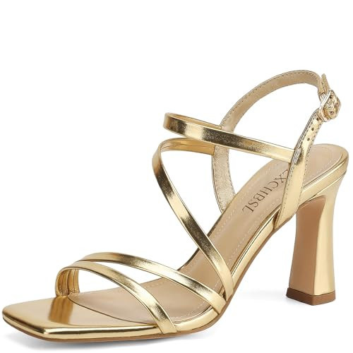 SLXCHBSL Gold Strappy Heels for Women Dressy Heeled Sandals Square Toe Heels with Ankle Strap Chunky High Heels 6.5 | Amazon (US)