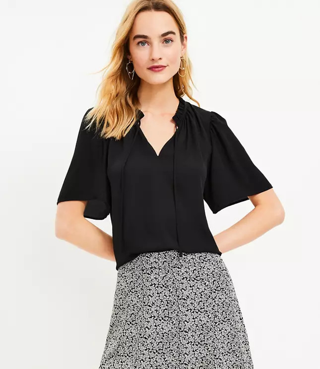Ruffle Tie Neck Mixed Media Top | LOFT