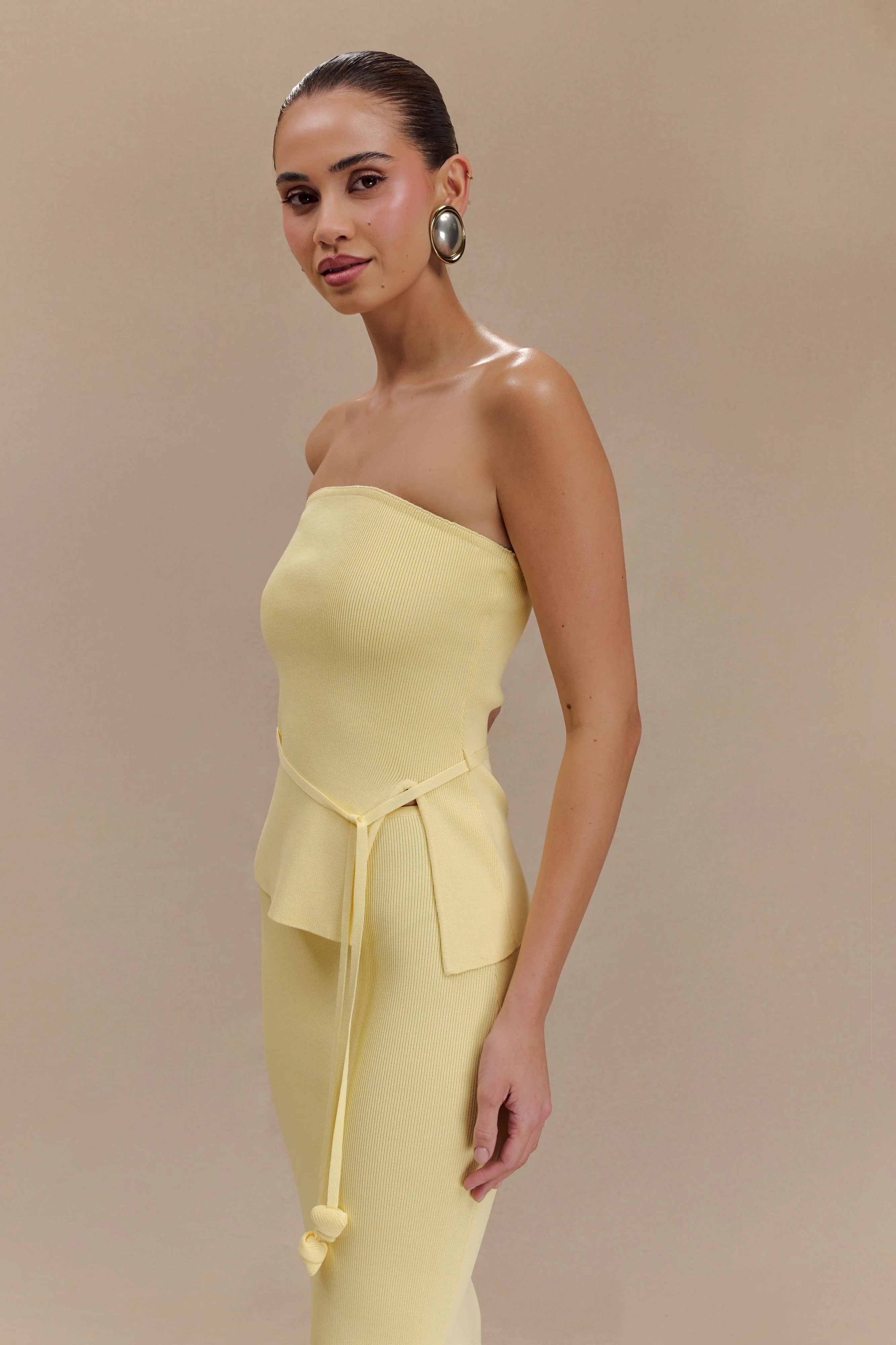 Keaton Strapless Rose Tie Knit Top - Lemon | MESHKI US