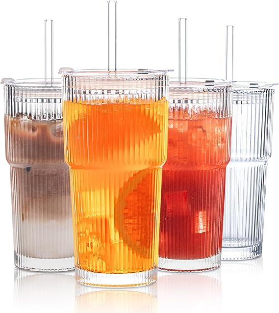 INSETLAN 20 oz Ribbed Glass Tumblers with Lids and Glass Straws – 4-Piece Glassware Set, Thicke... | Amazon (US)