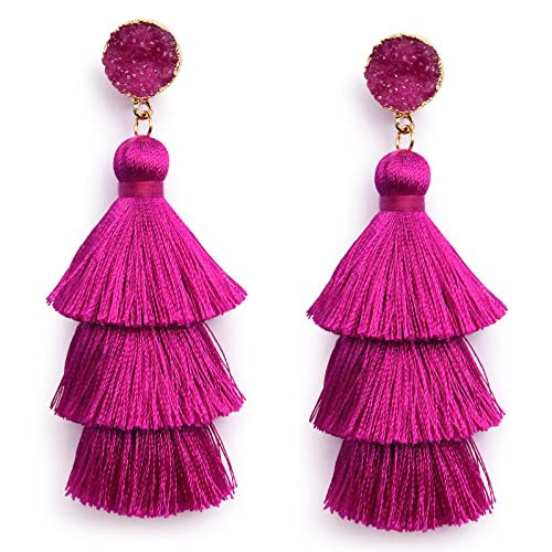 Big Magenta Tassel Earrings Dangle Drop Statement Fringe Long Fuchsia Pink Earrings for Women Dangling Boho Fancy Christmas Party Costumed Magenta Pink Jewelry Gift | Amazon (US)