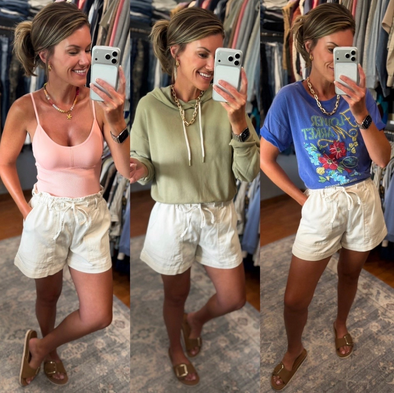 Mom approved tie waist shorts. I think I need them in all the colors. Obsessed!! 
Tank/ medium
Sweatshirt and tee / small 
Shorts/ mediumm