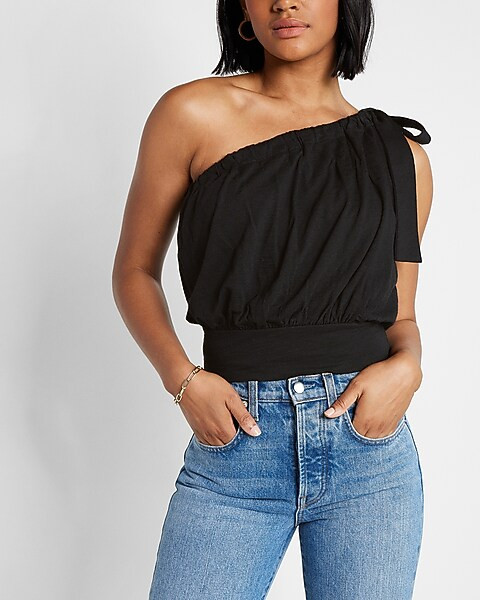 Tie One Shoulder Banded Bottom Bubble Tank | Express