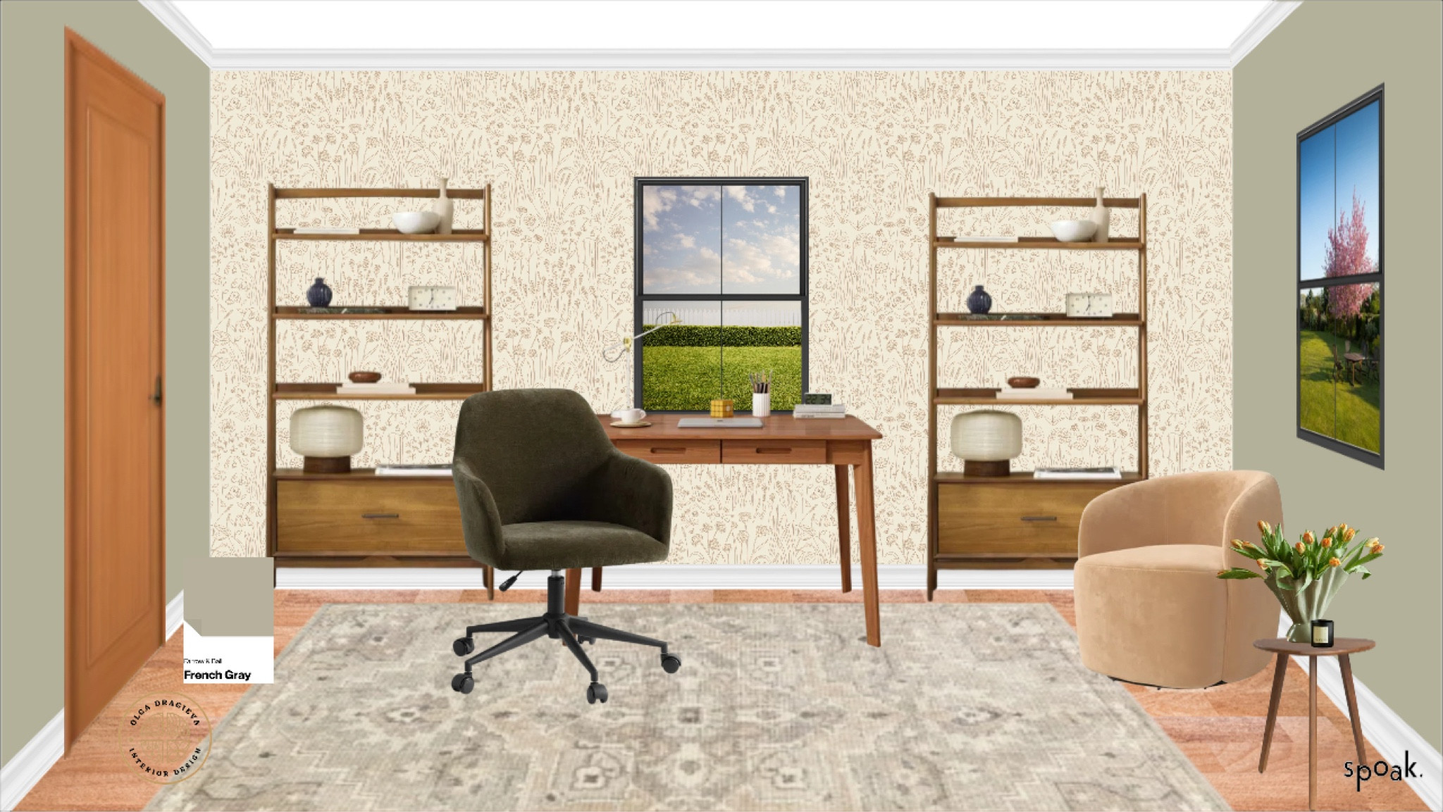 Beautiful WFH office design/moodboard. Vintage rug, mid-century modern desk and bookshelves. Velvet office chair and velvet accent chair. Organic vase. #homedecor #homeoffice

#LTKSaleAlert #LTKStyleTip #LTKHome