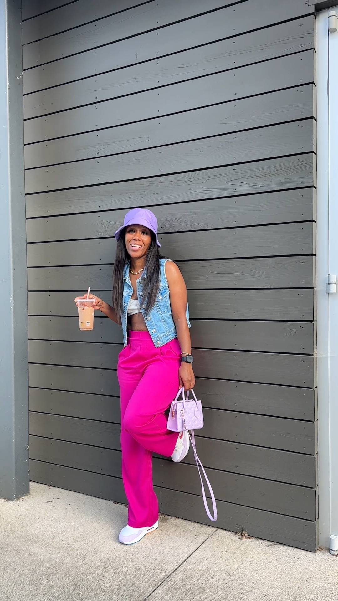 Summer wardrobe staples! I’m wearing a cropped medium washed denim vest, white crop top, hot pink wide leg pants/ trousers.

I styled this summer outfit with a lavender bucket hat, lavender mini crossbody bag, and Air Max 1 ‘87 Alchemy Pink sneakers!

#LTKShoeCrush #LTKFindsUnder50 #LTKStyleTip