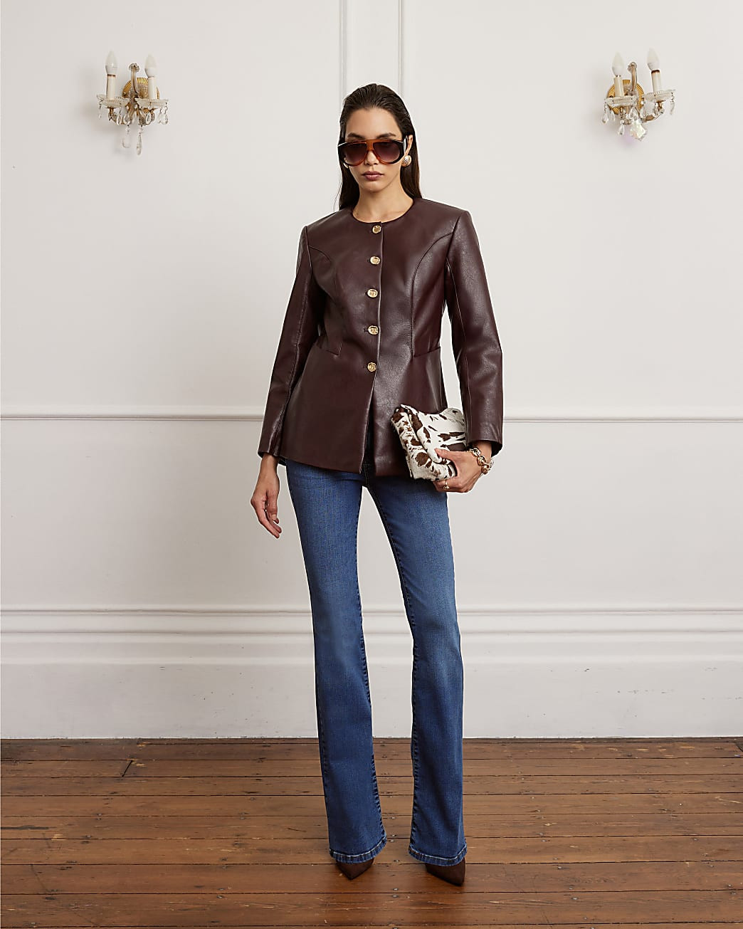 Red Faux Leather Button Collarless Jacket | River Island UK & IE