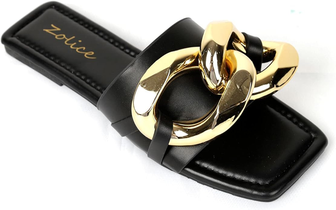 Women's Summer Slippers Open Toe Flat Sandals big Metal Chain PU leather Slides Shoes | Amazon (US)