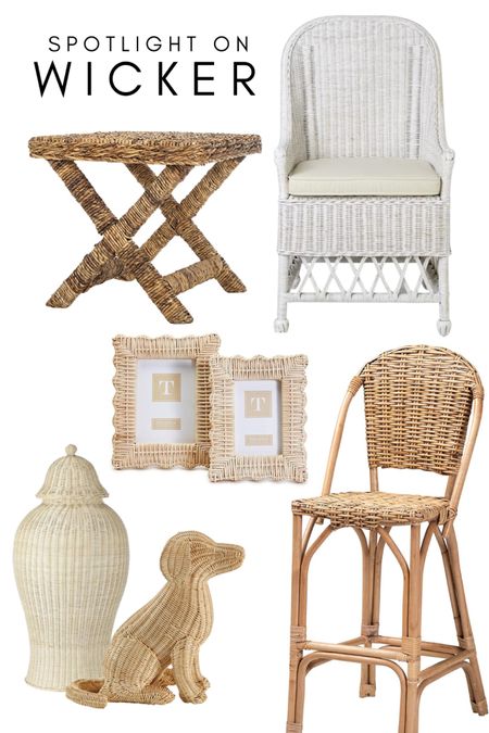 Spotlight on budget friendly wicker furniture and home decor sale items |wicker ginger jar, wicker dog statue, wicker x bench, wicker bar stools
