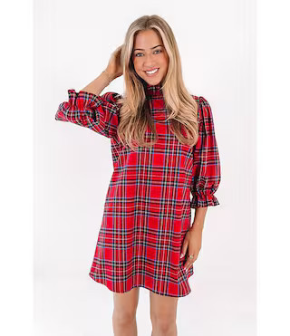 Hollin Woven Plaid Mock Neck Long Sleeve Back Bow Dress | Dillard's