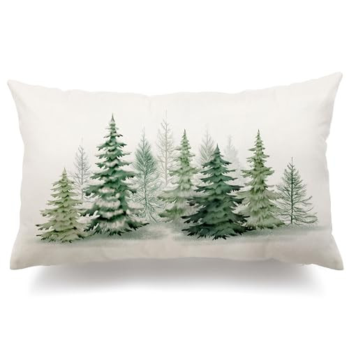 DFXSZ Christmas Pillow Covers 12x20 Christmas Decorations Watercolor Green Christmas Tree Rustic Style Nature Forest Print Decorative Throw Pillows Winter Christmas Decor 003M12 | Amazon (US)