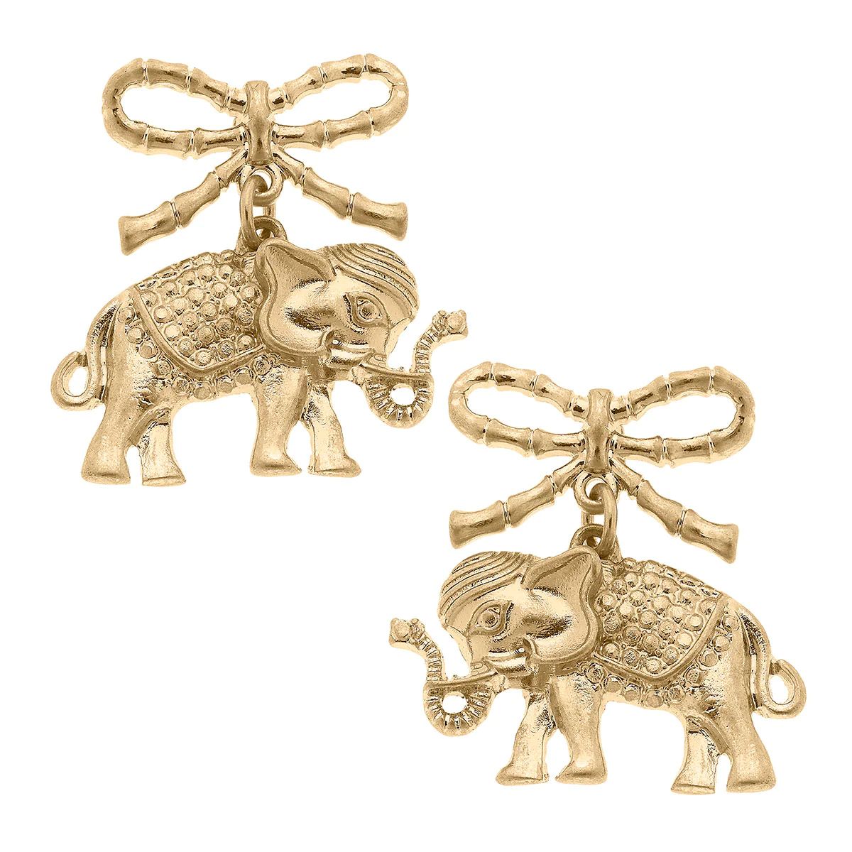 Ciara Elephant & Bow Drop Earrings in Worn Gold | CANVAS