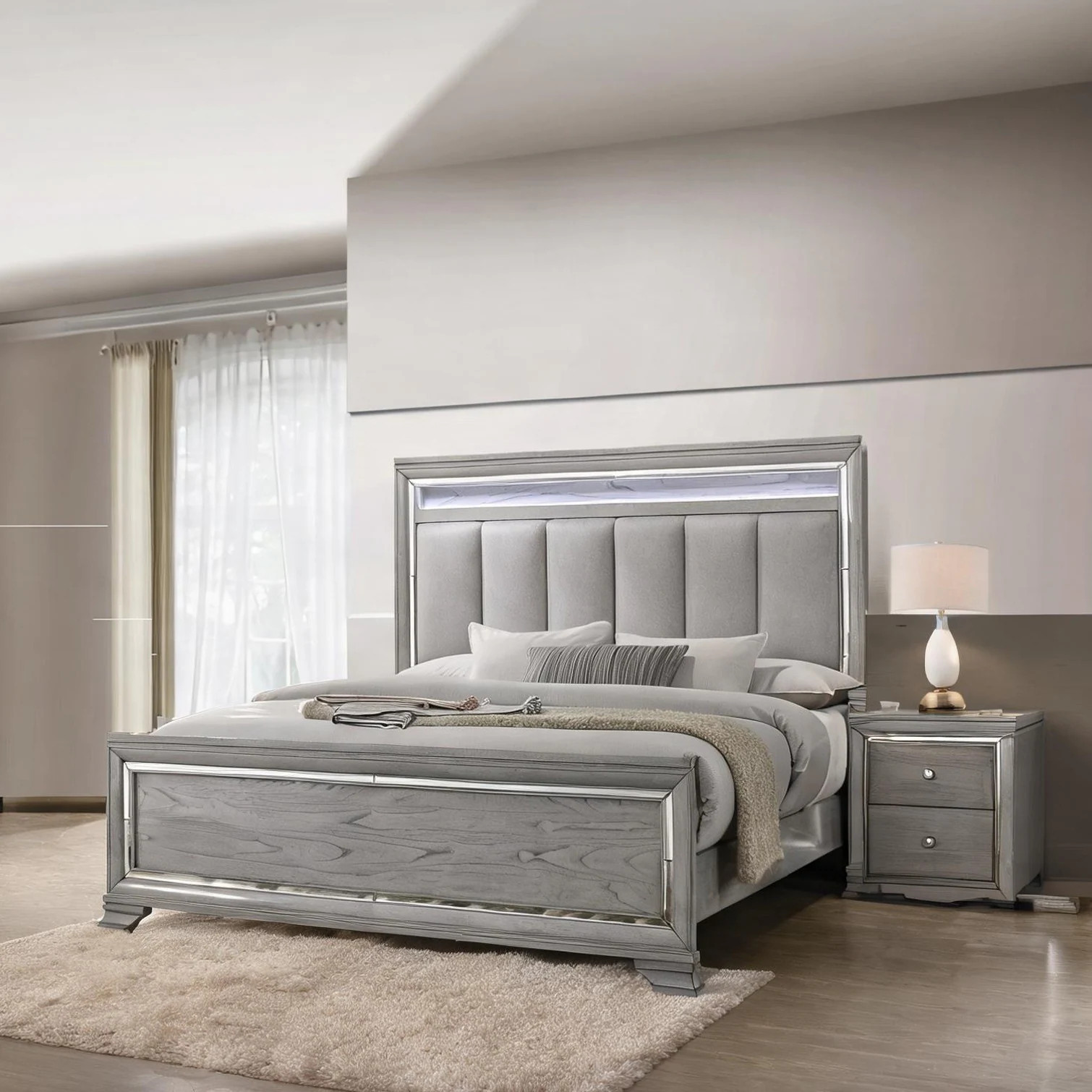 SunJet King Size Glam Upholstered Headboard Bed with LED Light in Classic Gray Solid Wood one_size | UWED0OGC2WKO | Lowe's