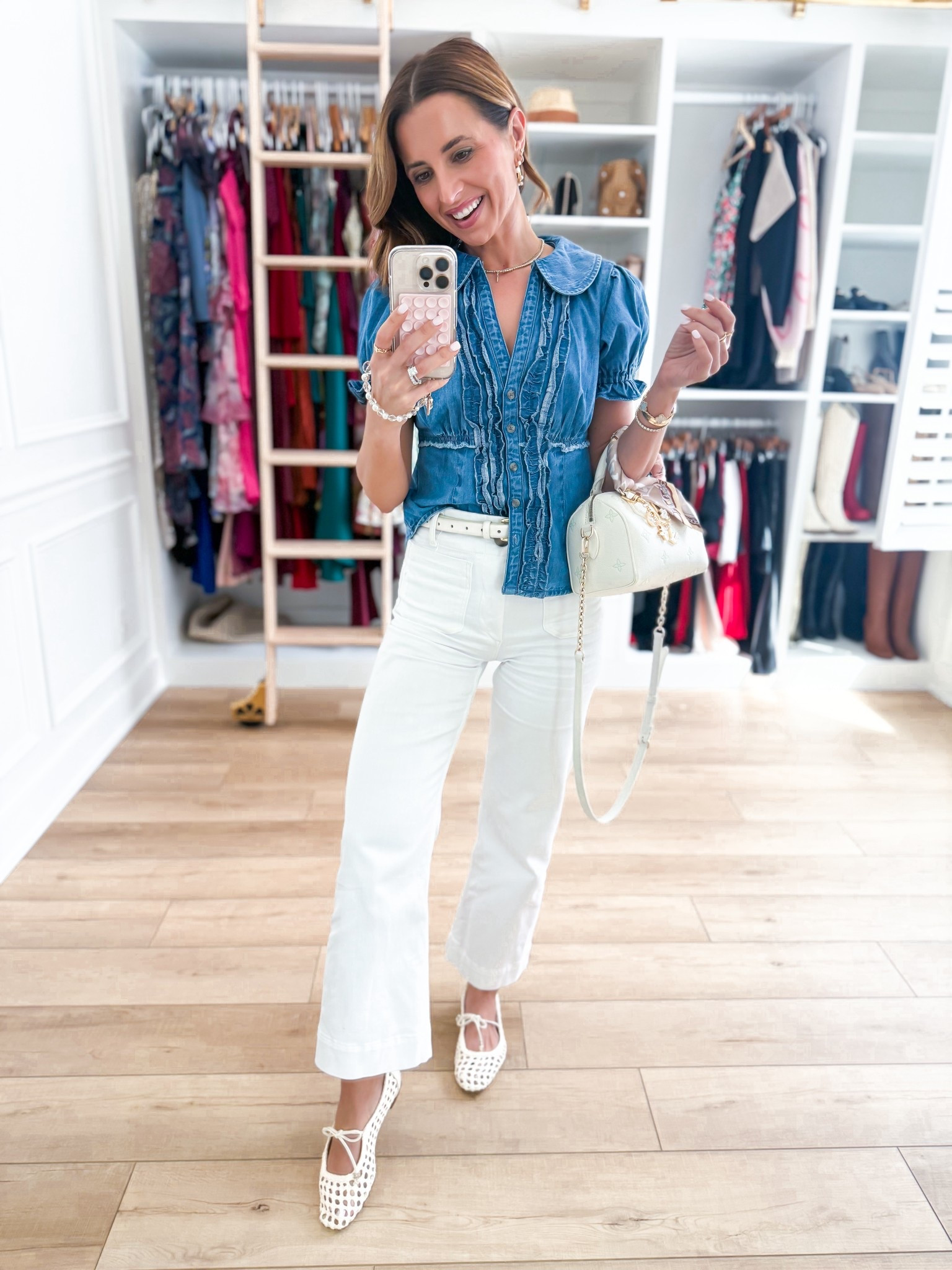 My spring #ootd here! Elevated casual outfit. Mom outfit. Anthropologie denim shirt in XXS - could have done petite but I grabbed this in store and they only had regular. Anthropologie white crop denim jeans in 24 regular - I did regular length since it’s a crop style! Woven flats are TTS. XS in cream belt. Spring style. Summer outfit. 

#LTKPetite #LTKgrwm #LTKootd