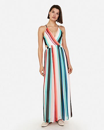 striped surplice front lace-up back maxi dress | Express