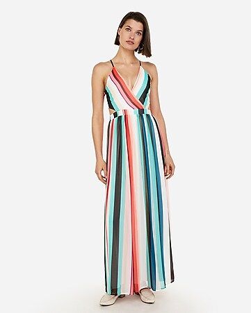 striped surplice front lace-up back maxi dress | Express