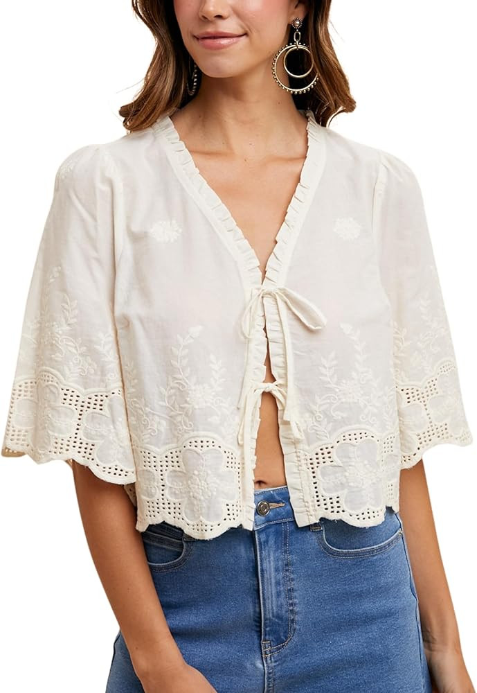 Esmeling Women’s Floral Embroidery Short Sleeves Shirt V Neck Summer Scallop Edge Bow Tie Front... | Amazon (US)