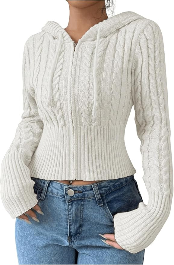 SOLY HUX Women's Crop Cardigan Sweater Cable Knit Zip Up Hoodies Long Sleeve Fall Jacket Y2k Oute... | Amazon (US)