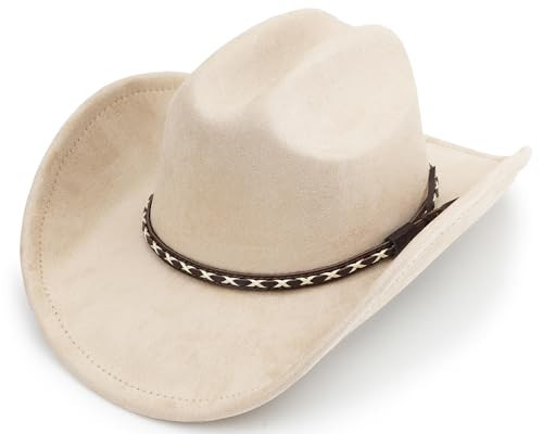 BESOOGII Western Cowboy Hat for Women and Men, Unisex Big Wide Brim Felt Hats for Cowboys and Cowgirls (US, Alpha, Large, Beige) | Amazon (US)
