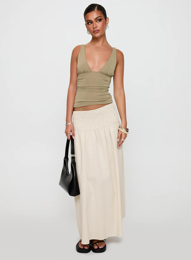 Small Towns Shirred Midi Skirt Beige | Princess Polly US
