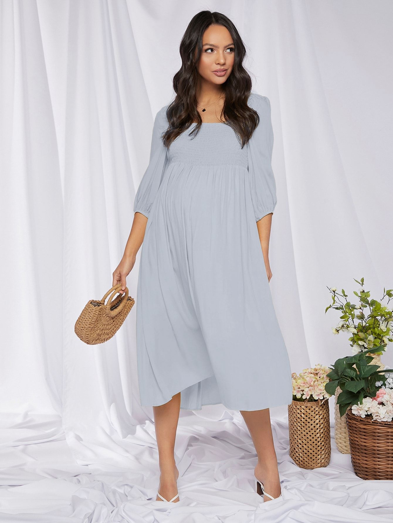 SHEIN Maternity Shirred Back Frill Trim Dress | SHEIN