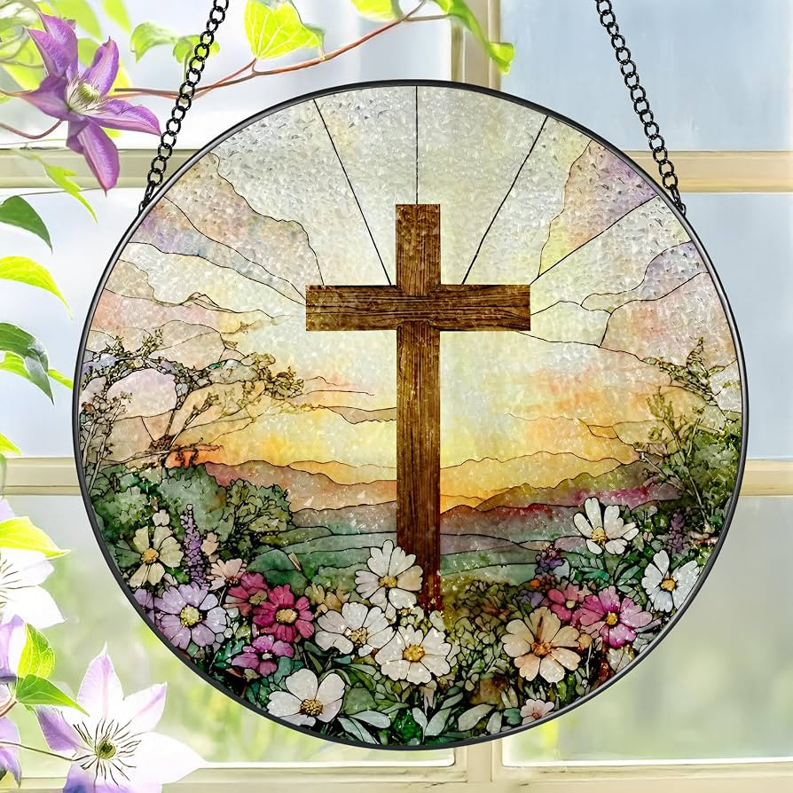 8 Inch Stained Glass Cross and Wildflowers Suncatcher Christian Stained Glass Windows Hanging Flo... | Amazon (US)