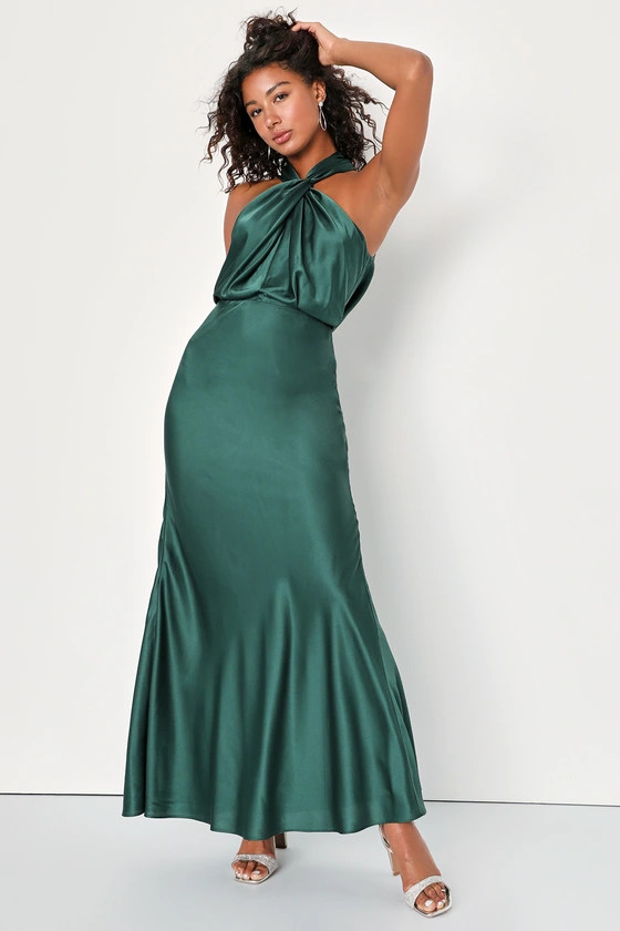 At the Halter Hunter Green Satin Halter Twist-Front Maxi Dress | Lulus (US)