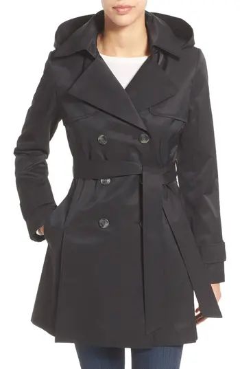 Petite Women's Halogen Detachable Hood Trench Coat, Size X-Small P - Black | Nordstrom