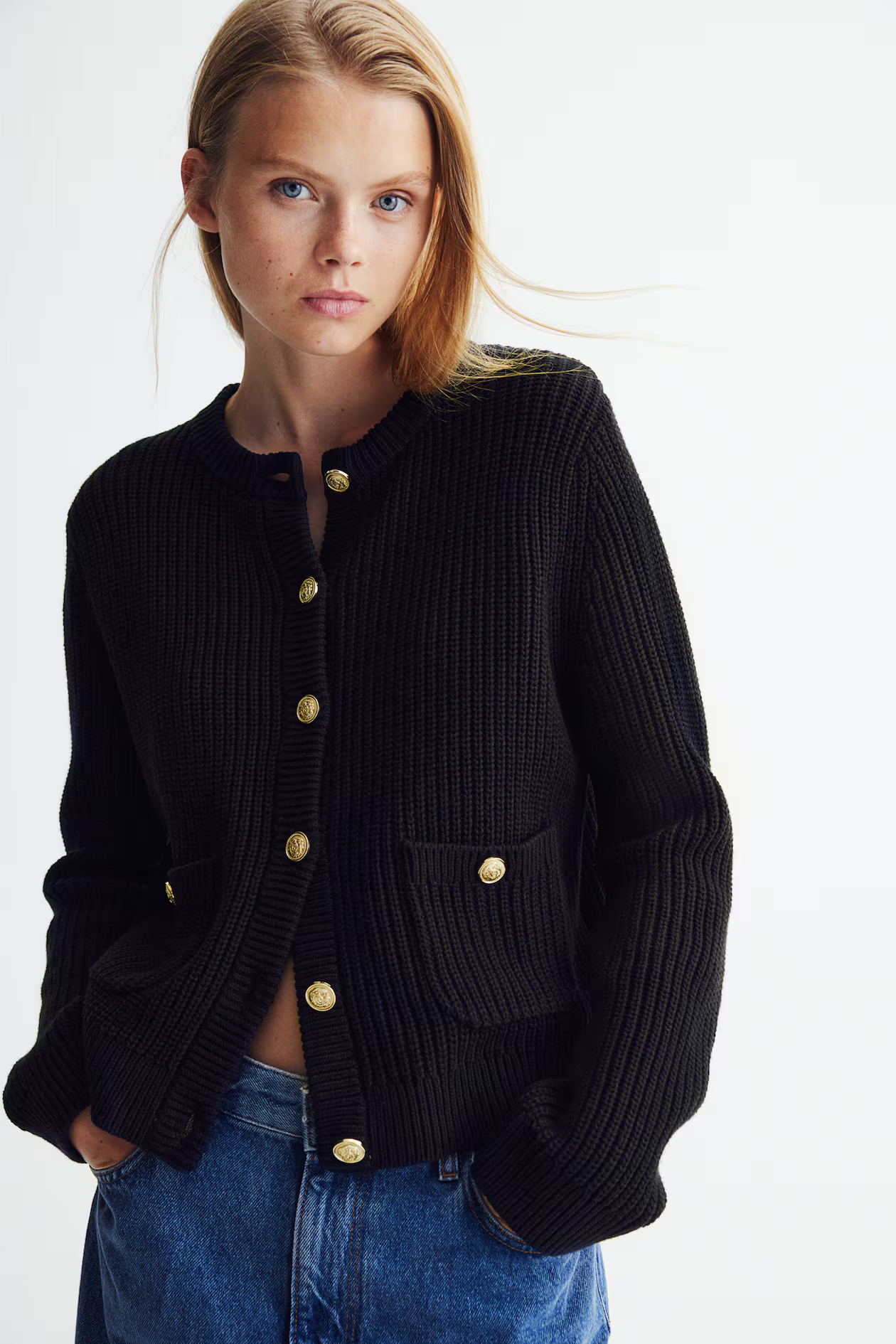 Rib-Knit Cardigan - Round Neck - Long sleeve - Navy blue - Ladies | H&M US | H&M (US + CA)
