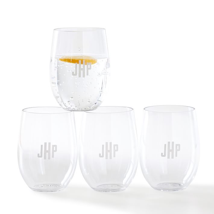 Acrylic Stemless Wine Glasses, Set of 4, Clear, Monogrammed | Mark and Graham