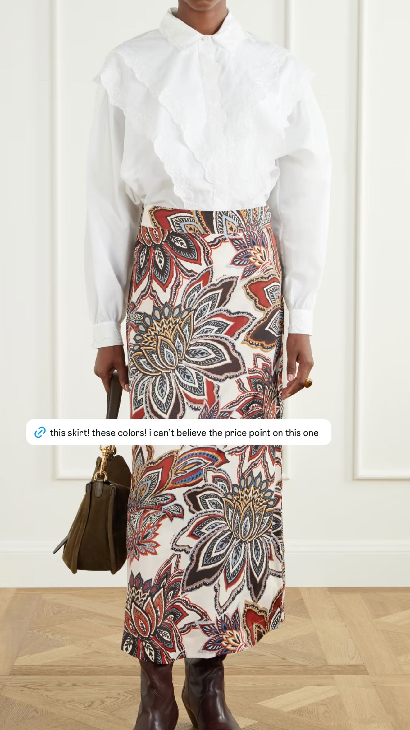 this skirt!! the colors are SO good for fall, and i can’t believe the price point on this one. the oversized floral print makes it feel like such a statement piece, but the cream base keeps it really easy to style. i love it with a crisp white blouse + brown boots like this, but it would also be so cute with a fitted knit, simple tee, or chocolate sweater as the weather cools down.  

 #LTKSeasonal