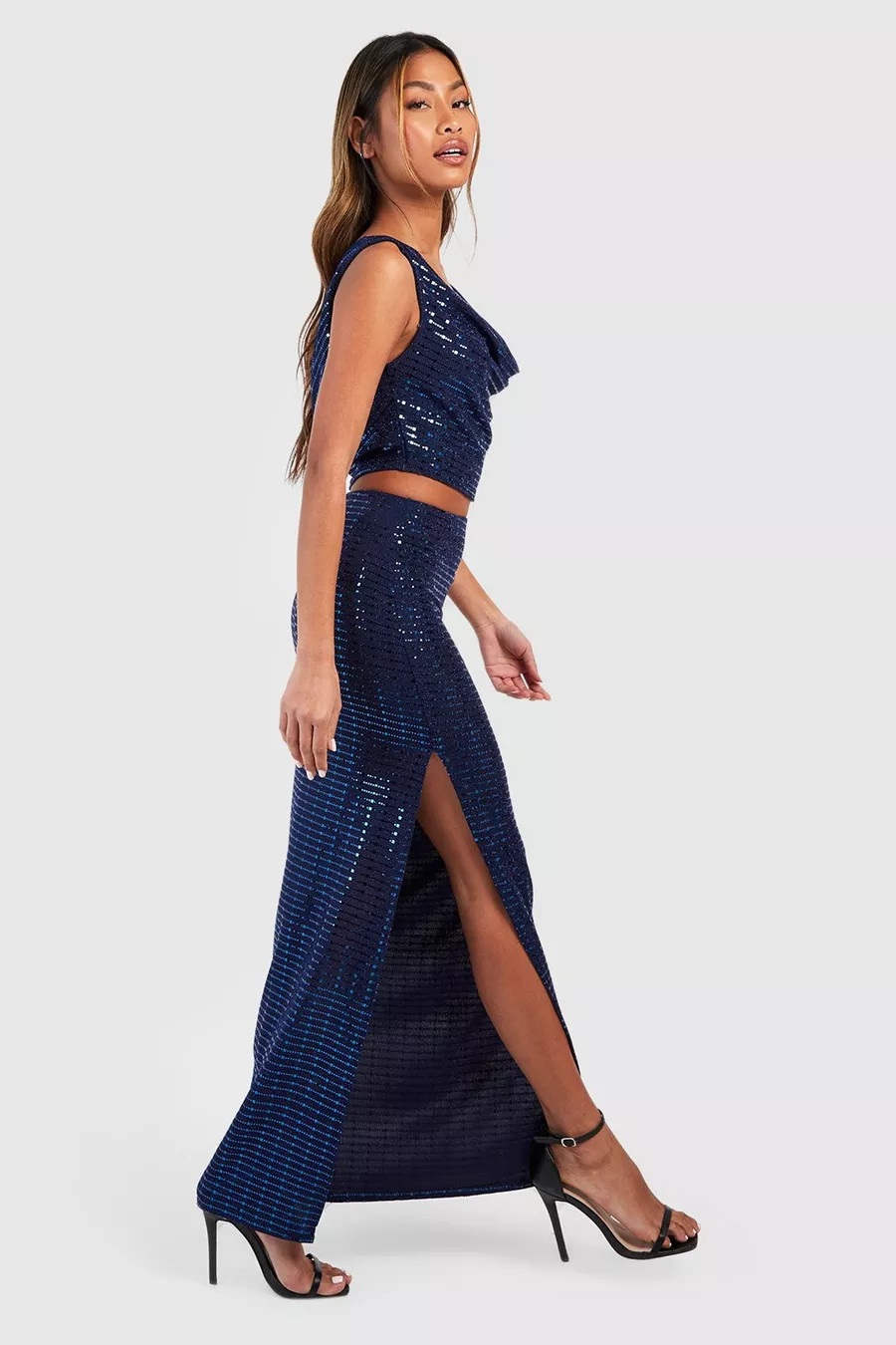 Sequin Mid Rise Thigh Split Maxi Skirt | Boohoo.com (UK & IE)