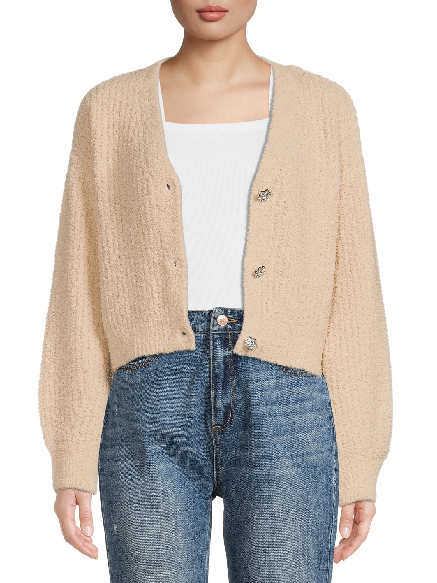 No Boundaries Juniors Ribbed Jewel Button Cardigan | Walmart (US)