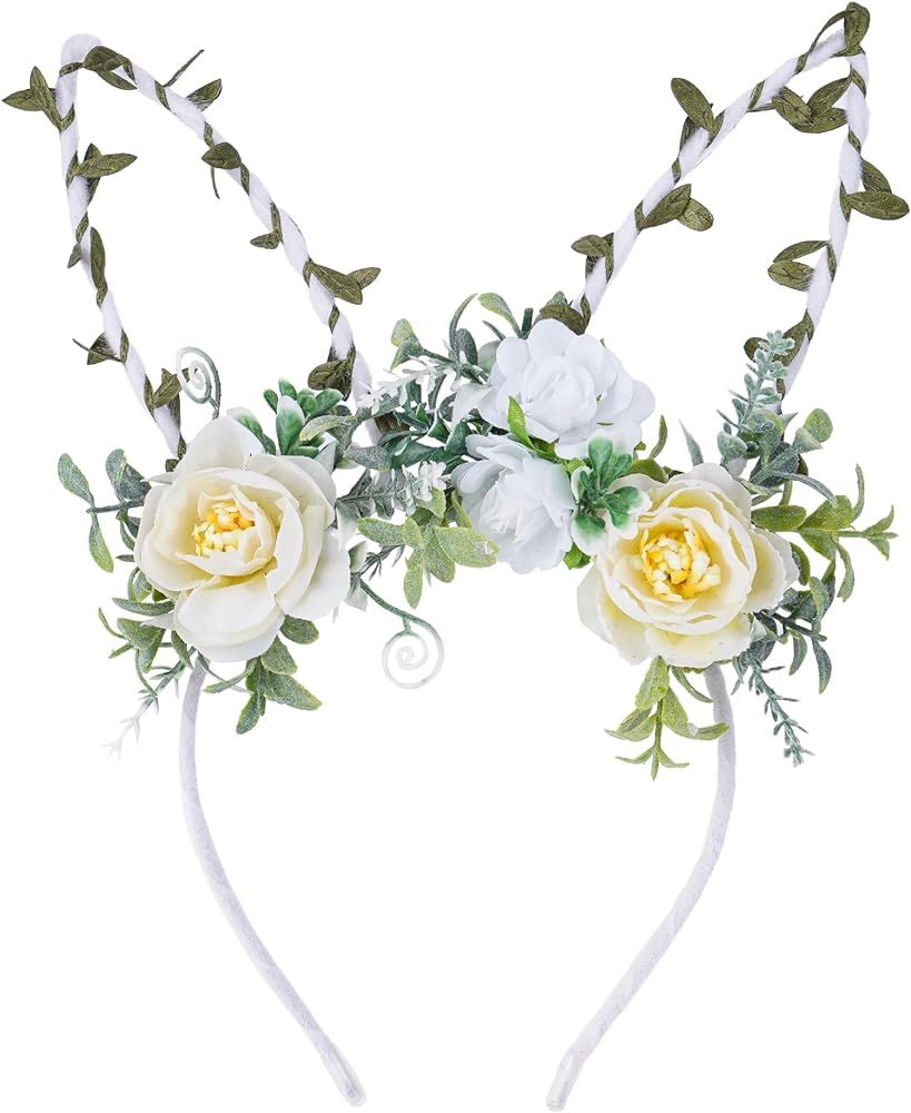 VISSTREE Handmade White Bunny Ears Flower Headband Rabbit Ears Floral Headwear | Amazon (US)