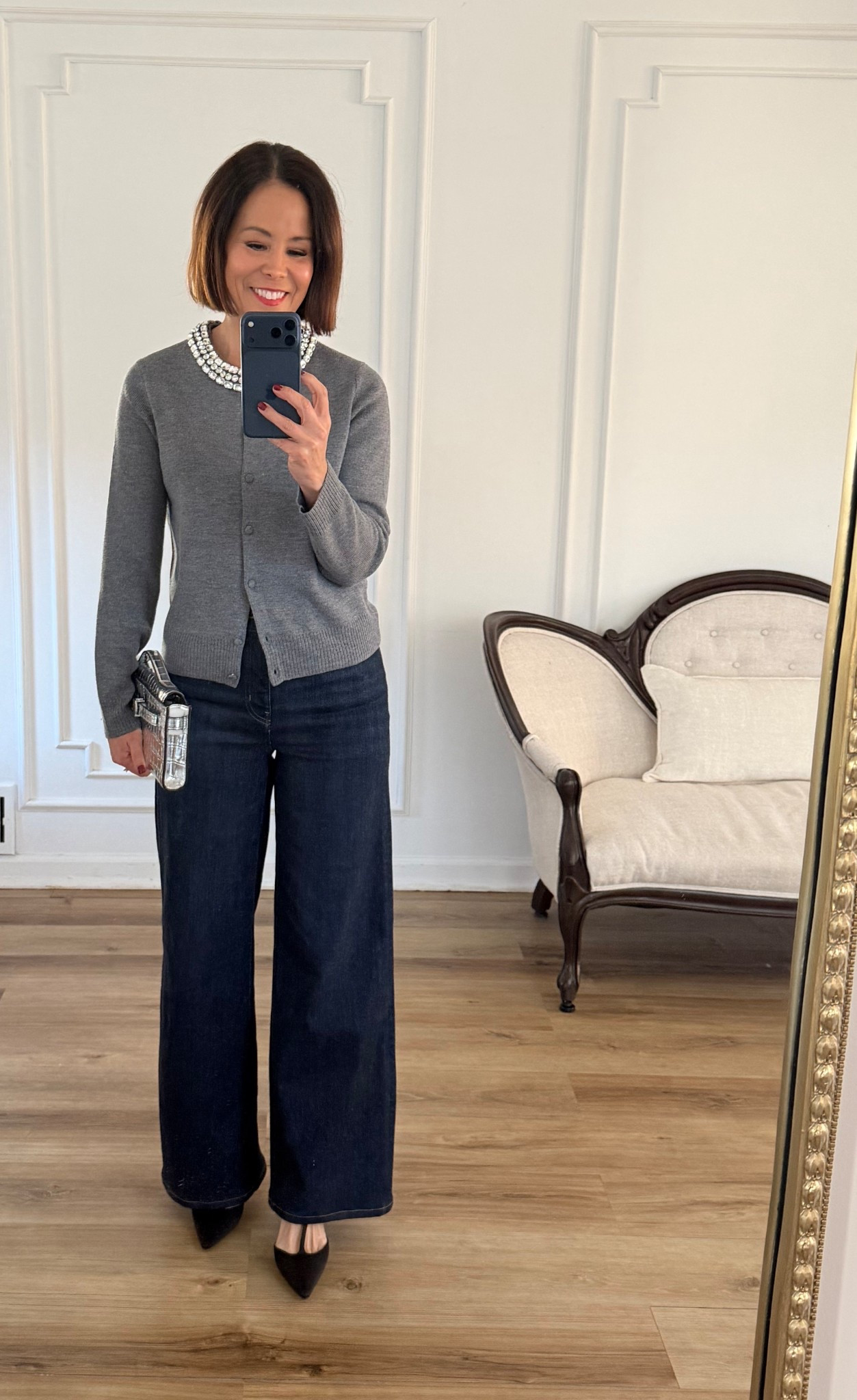 Holiday look 
Veronica Beard Cardigan- wearing small 
Frame Denim- Runs TTS 
Tuckernuck Heels- Runs TTS 
Veronica Beard Clutch 

#LTKSeasonal #LTKOver40 #LTKCyberWeek