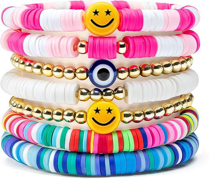 Y1tvei 7Pcs Heishi Surfer Bracelets Set Colorful Preppy Happy Smile Evil Eye Beaded Stretch Brace... | Amazon (US)