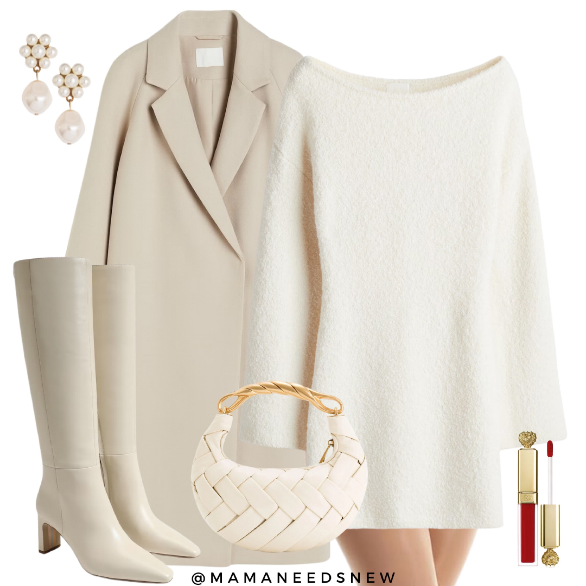 A holiday outfit with a knit dress, long coat, knee high boots & a top handle bag 🤍

#LTKHoliday #LTKParties #LTKSaleAlert