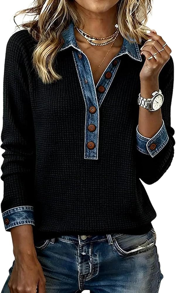 HVT Women's Waffle Knit Top with Denim Collar Cuffs Button Front Long Sleeve Pullover Casual Offi... | Amazon (US)