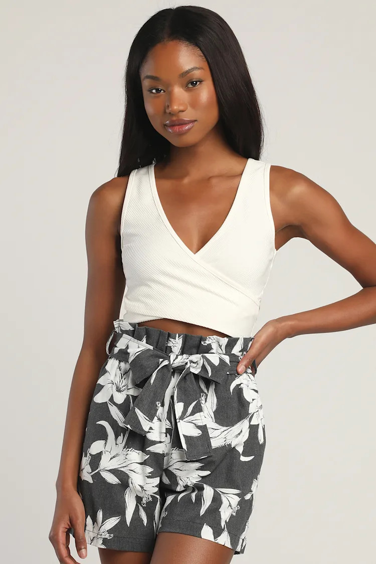 Flower Stance Washed Black Floral Print Paper Bag Waist Shorts | Lulus (US)