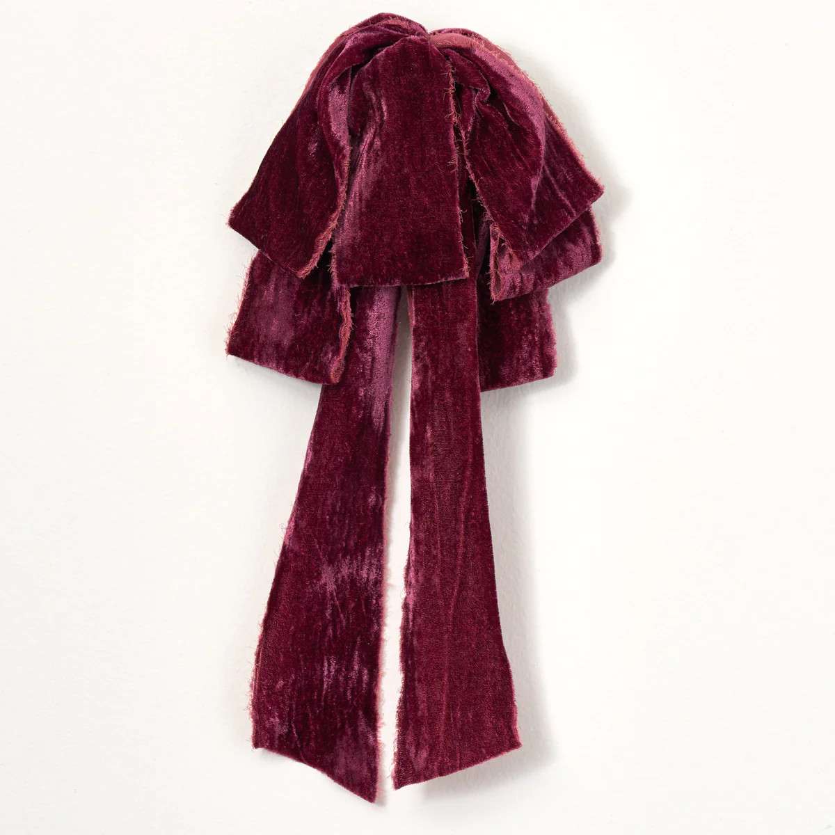 Aubergine Purple Raw Edge Silk Velvet Velvet Lux Drape Loop Bow | Darby Creek Trading