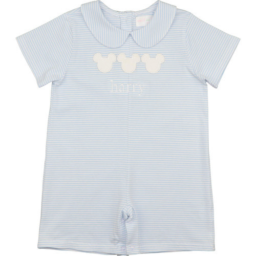 Blue Stripe Knit Applique Mouse Ears Short Romper | Cecil and Lou