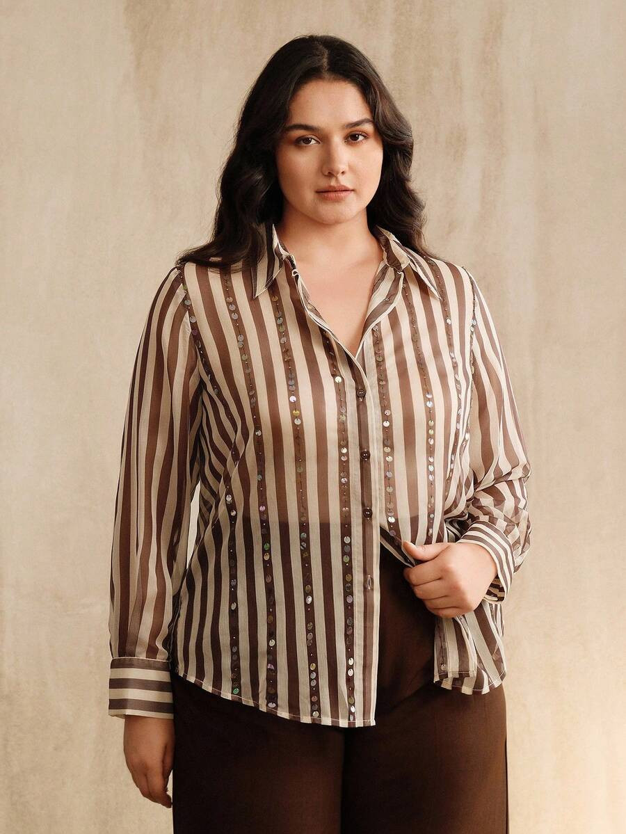 Anewsta Plus Size Women Urban Chic Striped Sequin Embellished Collared Long Sleeve Blouse, Suitab... | SHEIN