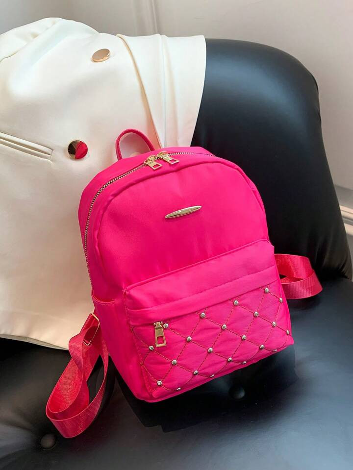 Medium Fashion Backpack Neon Pink Metal & Studded Decor | SHEIN