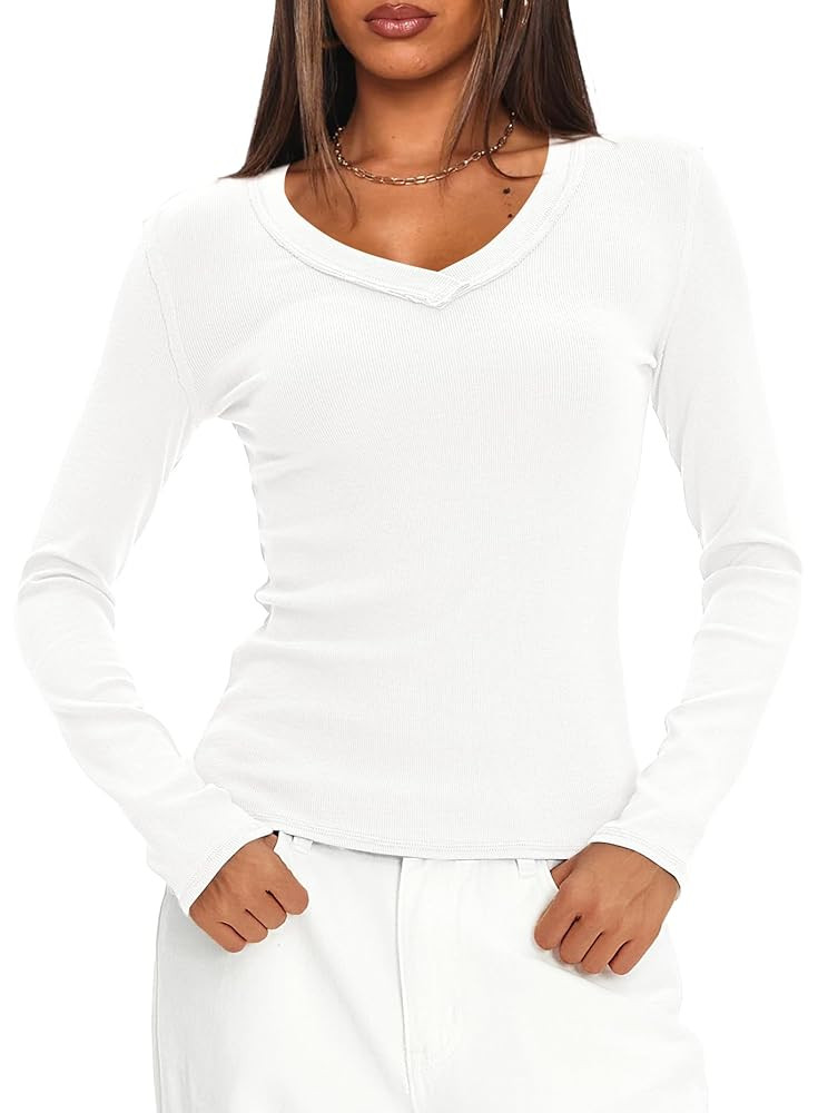 Darong Long Sleeve Tshirts for Women Fall Fashion V Neck Basics Crop Tops Slim Fitted Y2K Tops Ri... | Amazon (US)