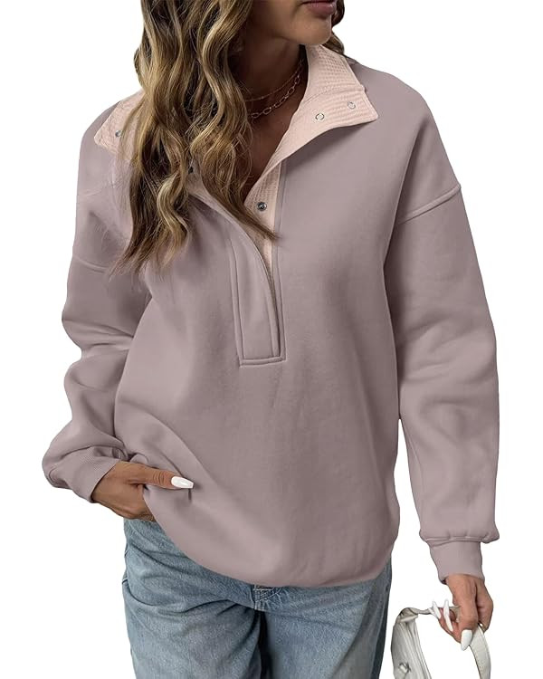 BLENCOT Mock Neck Sweatshirt for Women Quarter Button Long Sleeve Oversized Pullover Trendy Tops | Amazon (US)