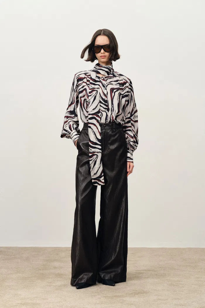 Shakti Hand Painted Zebra Print Flowing Tie Blouse in Silk-Wool Fine T | Fabrique