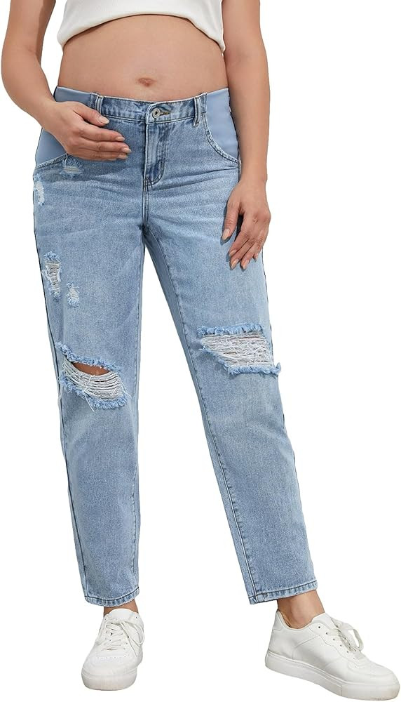 Women's Maternity Casual High Waist Zipper Ripped Jeans Pants Trousers Mom Fit Denim Pants | Amazon (US)