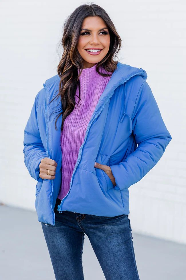 From The Beginning Blue Hooded Puffer Jacket | Pink Lily