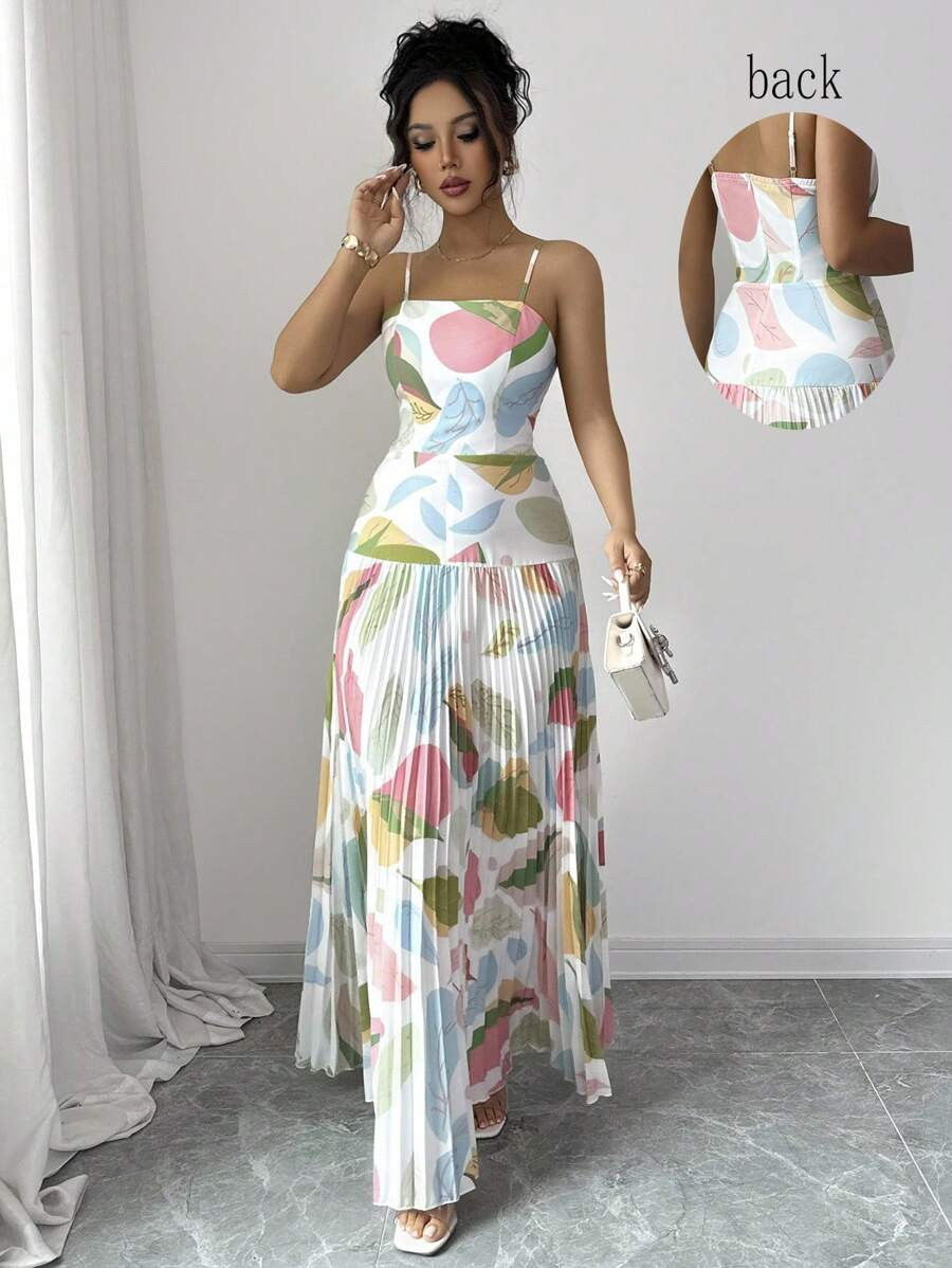Elenzga Spaghetti Strap Full Print Waist Pleated Loose Long Casual Dress | SHEIN